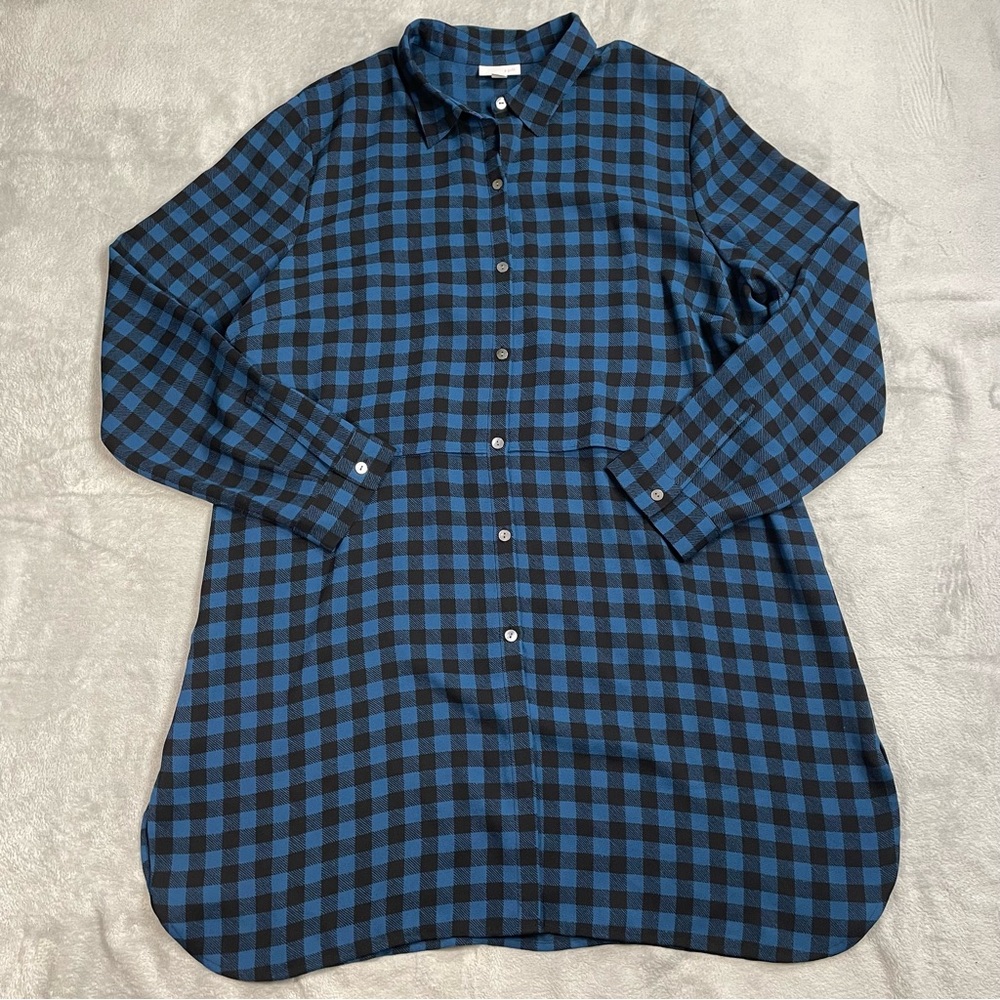J.Jill Shirt Dress Tunic XL Blue Black‎ Buffalo Plaid Tiered Woven Long Sleeve